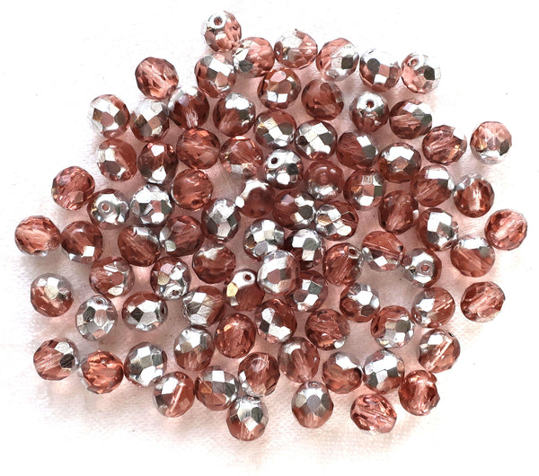 Lot of 25 8mm Pink & Silver Czech glass beads, faceted round firepolished beads C9625 - Glorious Glass Beads