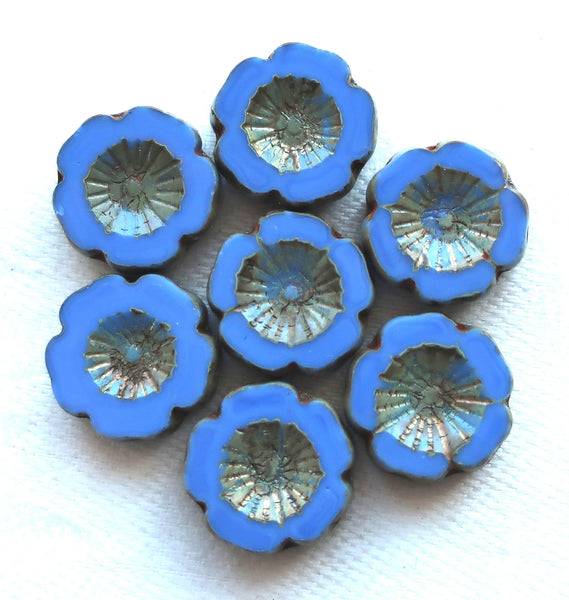 Six Czech glass flower beads; 14mm table cut, carved, opaque ocean blue Hawaiian flower beads with a picasso finish C02106