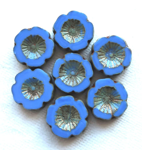 Six Czech glass flower beads; 14mm table cut, carved, opaque ocean blue Hawaiian flower beads with a picasso finish C02106 - Glorious Glass Beads