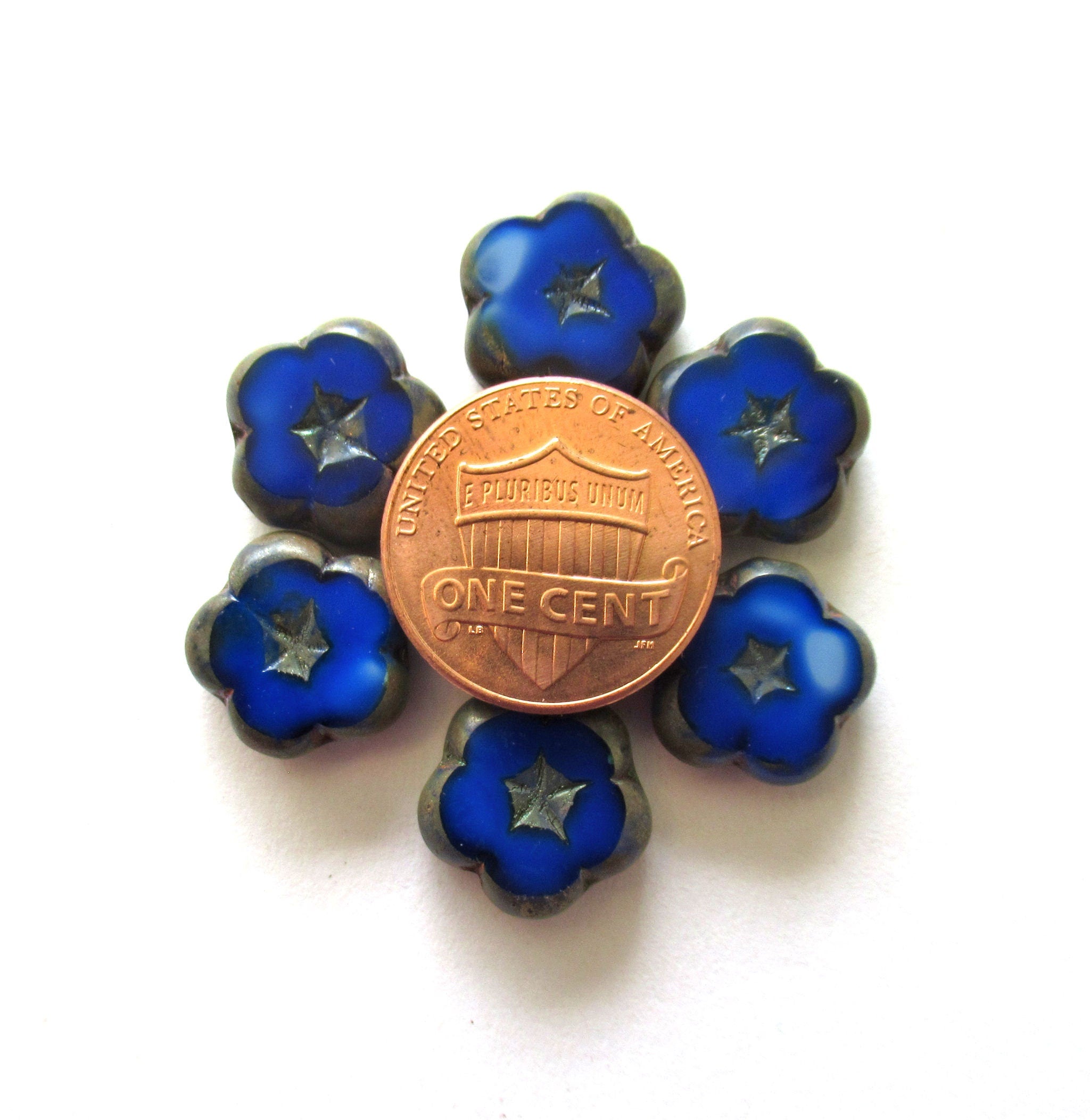 Lot of six 14mm Czech glass flower beads - table cut, carved opaque blue and white marbled glass with silvery picasso accents C000311