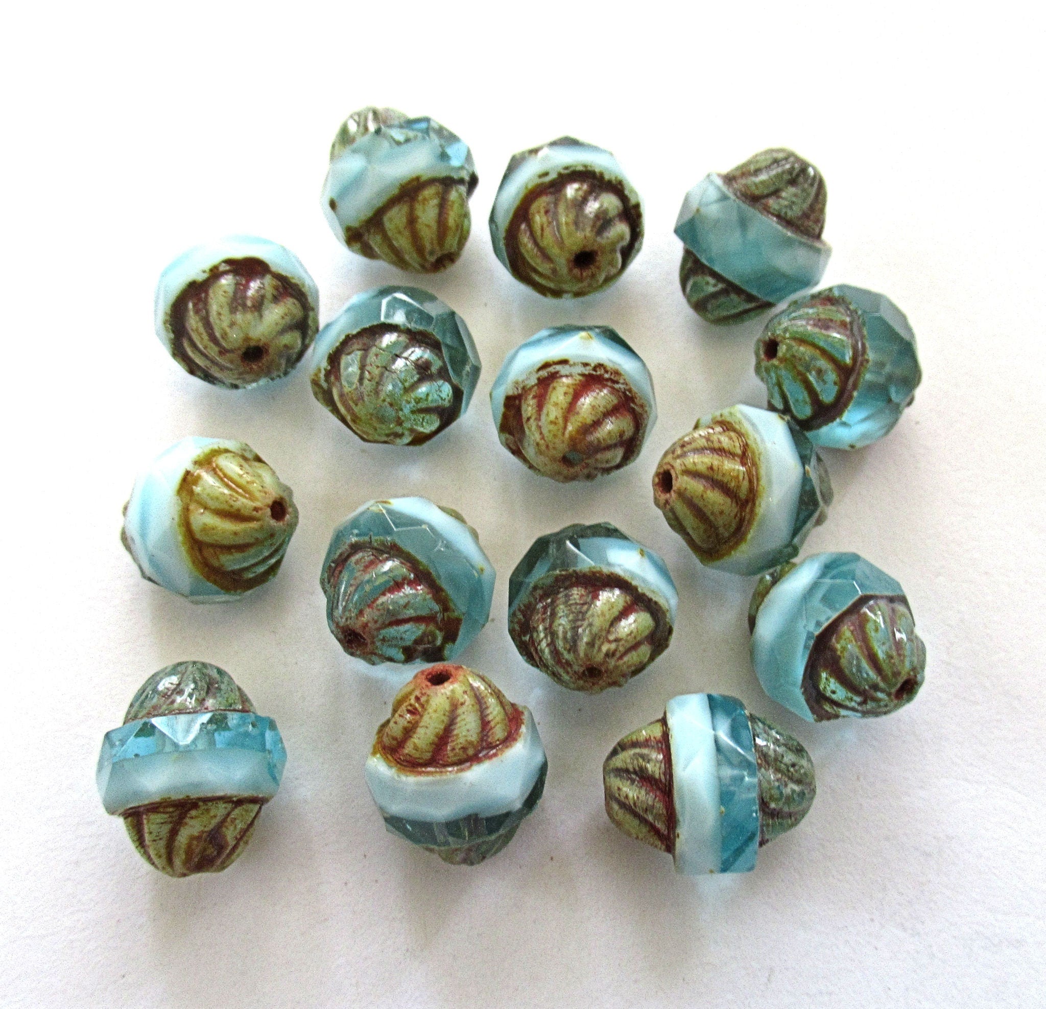 Five Czech glass turbine beads - 11 x 10mm opaque & transparent mix of light aqua blue / white beads with a picasso finish C72101