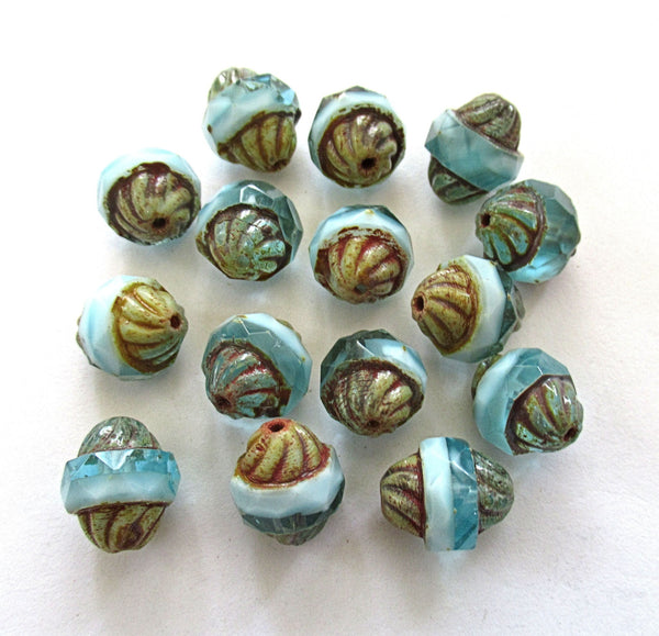 Five Czech glass turbine beads - 11 x 10mm opaque & transparent mix of light aqua blue / white beads with a picasso finish C72101