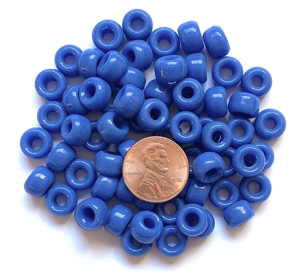 Twenty-five 9mm Czech glass pony, crow, roller beads - opaque blue large hole beads - C0062