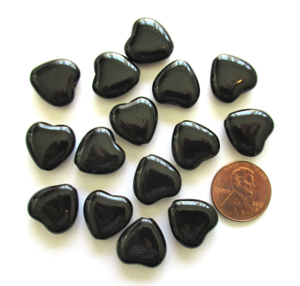 Lot of six large Czech glass heart beads - 16 x 15mm opaque black heart shaped beads C0004