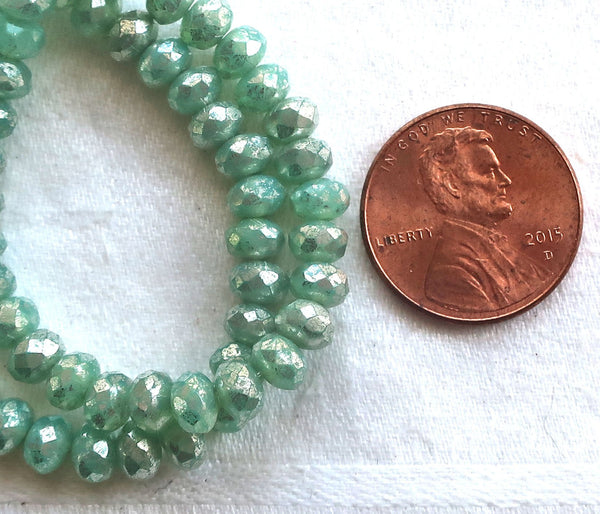 30 small puffy rondelle beads, mint green with a silvery mercury finish, 3mm x 5mm faceted Czech glass rondelles 53101 - Glorious Glass Beads