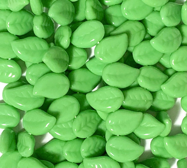 25 Czech glass center drilled eucalyptus leaf beads - 12 x 9mm opaque green leaves - textured pressed glass beads - C0077