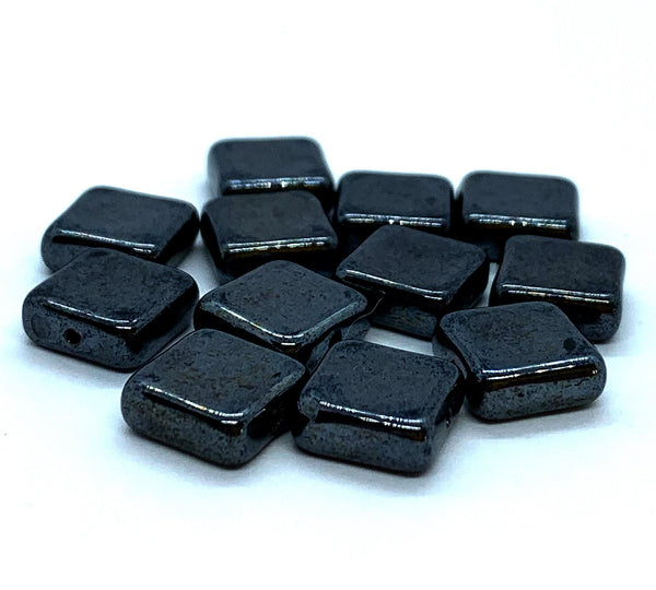 Twenty 9mm square Czech glass beads - hematite gun metal pressed glass beads C0087