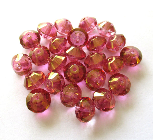 15 pink faceted Czech glass rivoli or saucer beads - 6 x 9mm transparent pink with crystal centers and gold accents - C05101