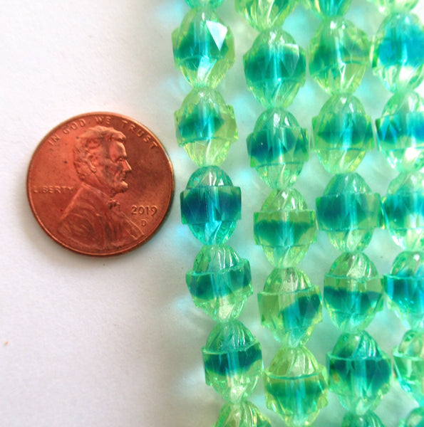 Ten Czech glass turbine beads - 10 x 8mm light green & aqua blue mix faceted fire polished beads C00002