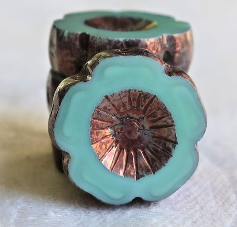 Six 14mm Czech glass flower beads - mint green bronze picasso - table cut, carved Hawaiian Flower beads C00106 - Glorious Glass Beads