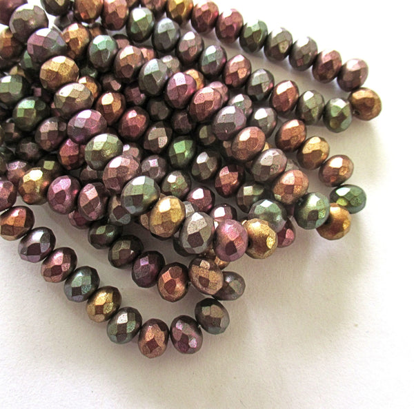 25 Czech glass puffy rondelle beads - opaque matte metallic mix earth tones - 5 x 7mm faceted fire polished rondelles C00031