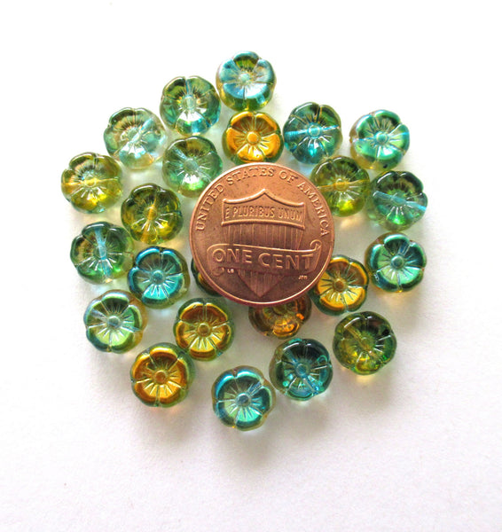 Lot of 15 8mm Czech glass flower beads - teal blue green & orange color mix pressed flower beads - C0038