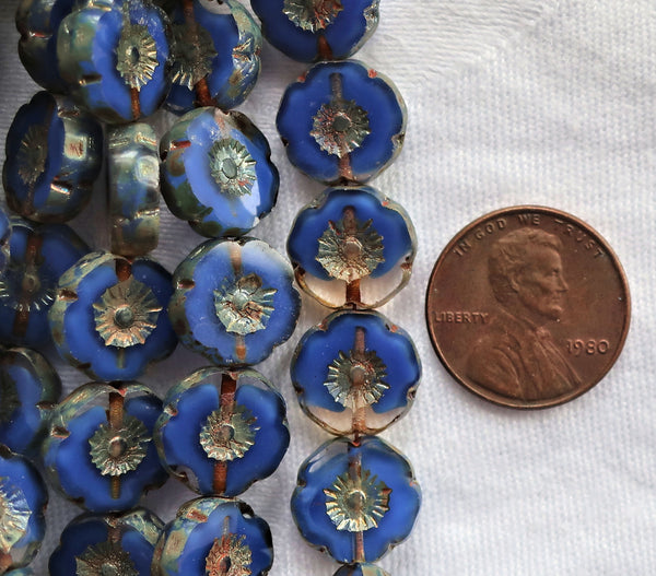 12 Czech glass flower beads - 12mm table cut, carved, sapphire blue & crystal clear picasso Hawaiian floral beads C26101 - Glorious Glass Beads