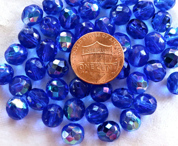 25 8mm Czech glass beads, Sapphire Blue AB, firepolished faceted round beads C1625 - Glorious Glass Beads