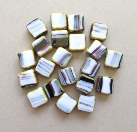 Ten 10mm Czech glass square beads - 10 x 10mm opaque white and amethyst purple beads - C0411