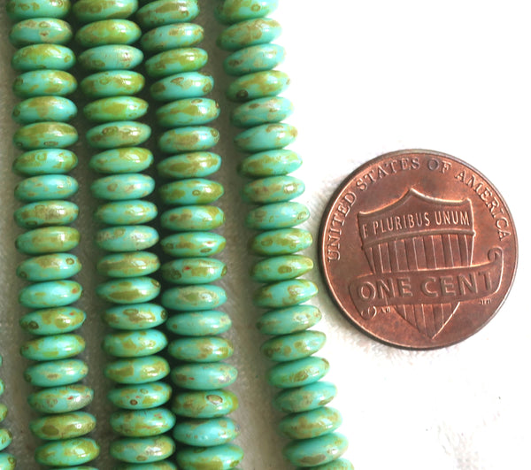 Lot of 50 6mm Czech glass rondelle beads, opaque turquoise picasso blue flat spacers or rondelles C02101 - Glorious Glass Beads