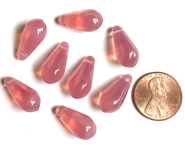 Ten large Czech glass teardrop beads - 9 x 18mm milky pink opal side drilled pressed glass faceted drops six sides C0095