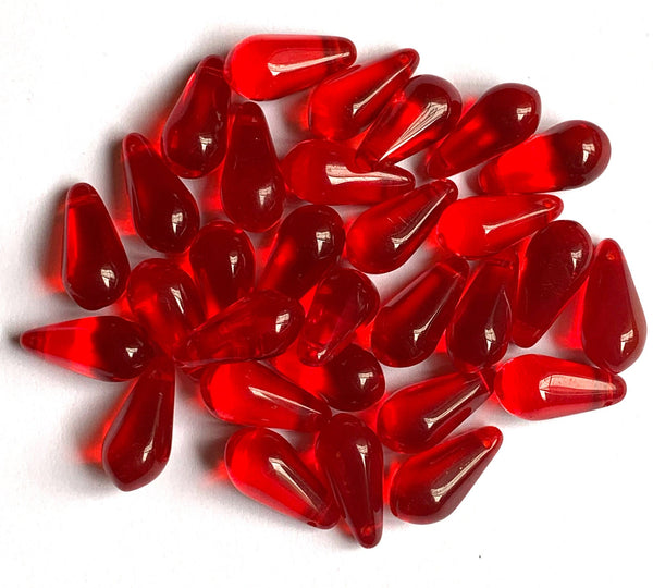 Ten large Czech glass teardrop beads - 9 x 18mm transparent Siam red pressed glass side drilled faceted drops six sides C0054