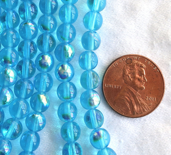 Lot of 50 6mm Czech glass beads, Aqua Blue AB smooth round druk beads C3750 - Glorious Glass Beads