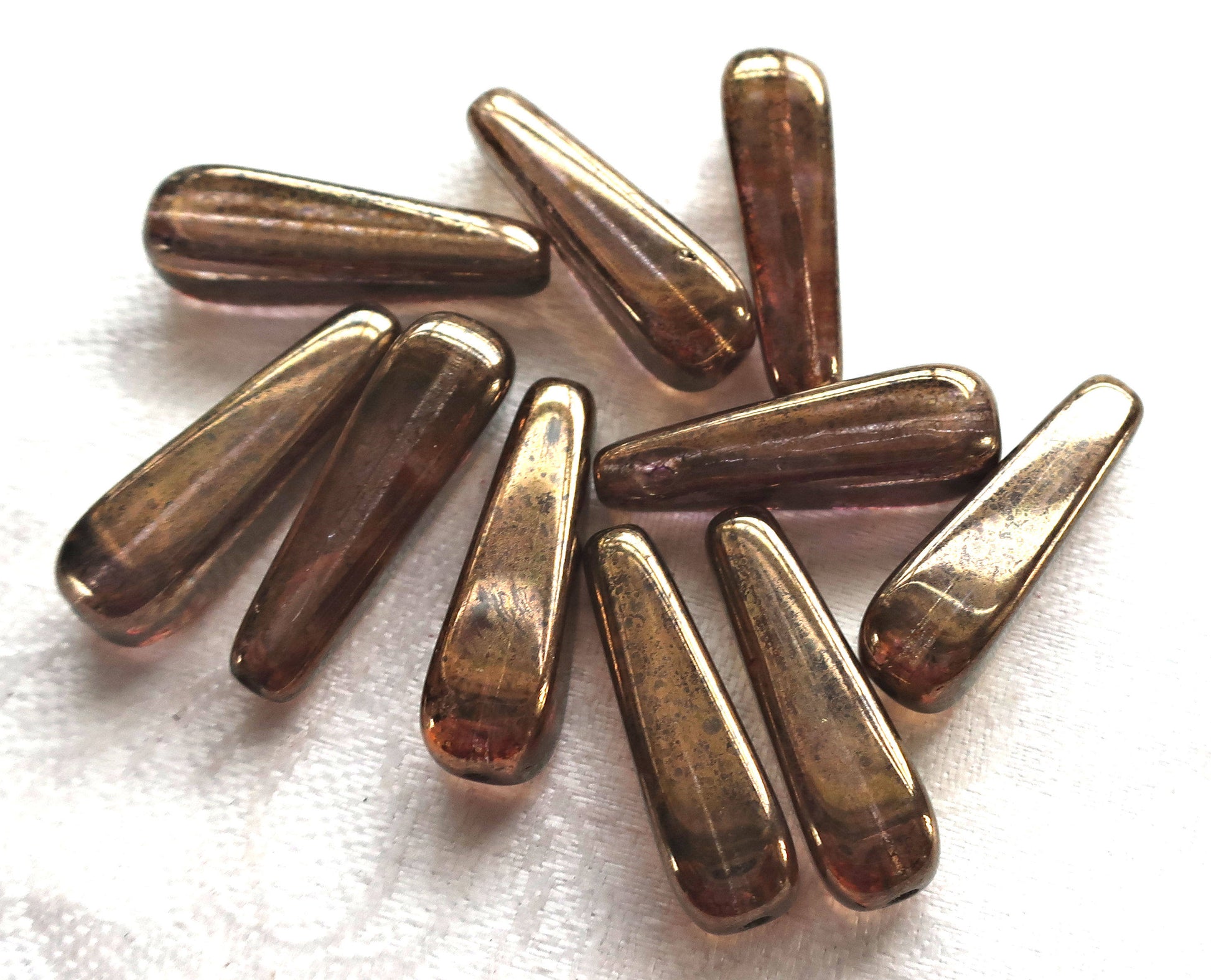 Lot of six 27 x 10mm Lumi Brown squared long teardrop Czech glass beads, pressed glass tear drops C7601 - Glorious Glass Beads