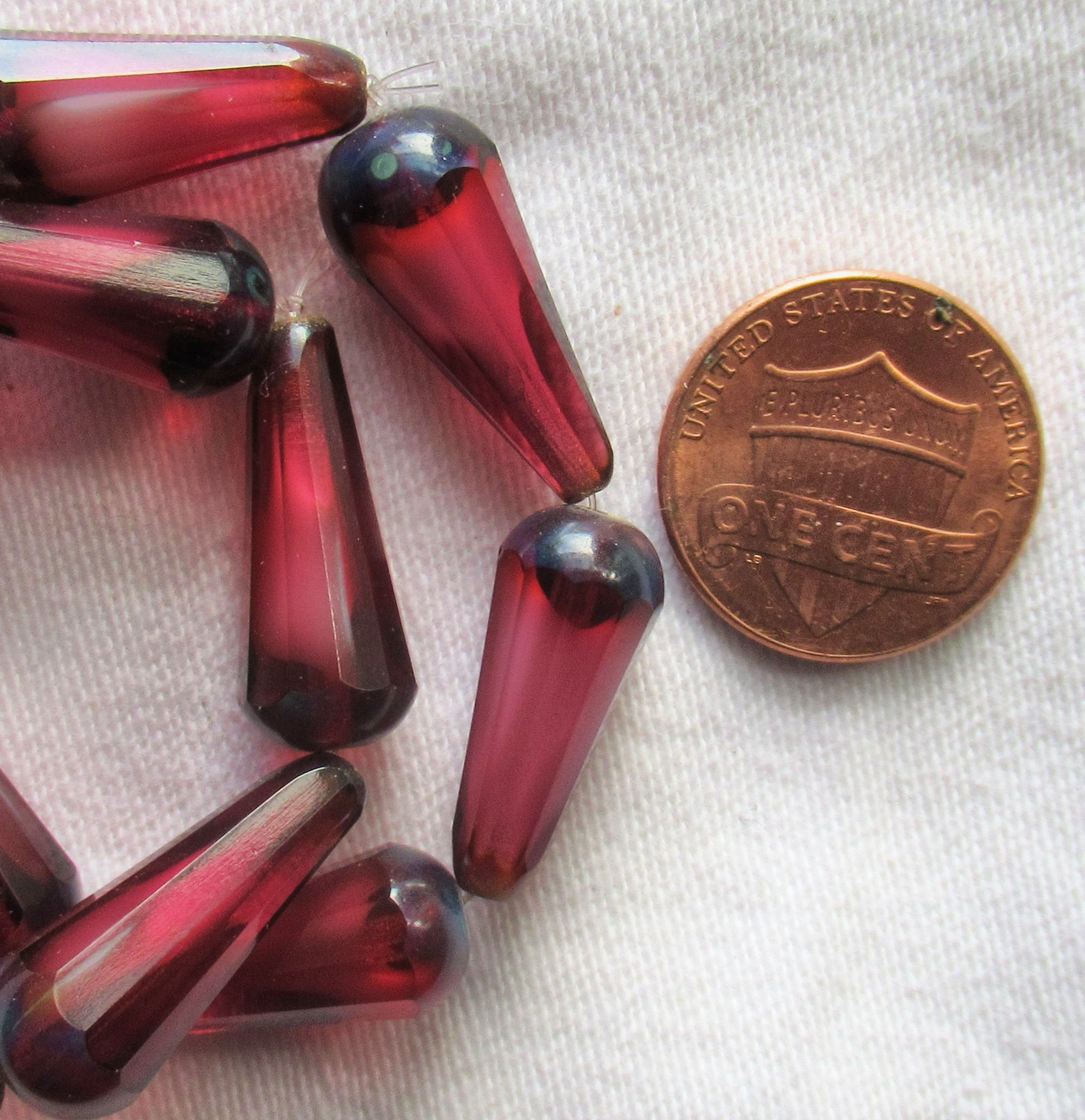 Six Czech glass long faceted teardrop beads - transparent fuchsia pink w/ picasso finish on the ends - 9 x 20mm elongated tear drops 16306