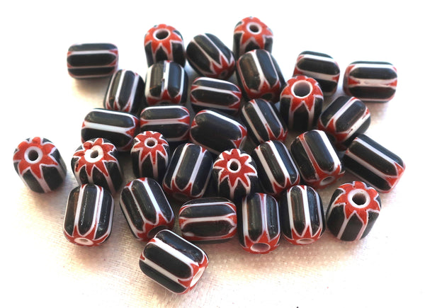 Twelve black, white & red striped chevron glass tube or barrel beads, big hole rustic beads, approx 9x 7mm C7401 - Glorious Glass Beads