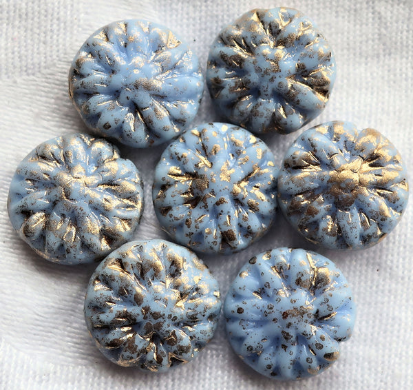 Five Czech glass Dahlia flower beads, Opaque Sky Blue with gold spatter - 14mm floral disc or coin beads C0905