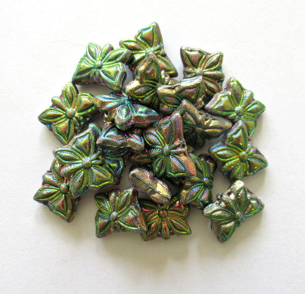 Eight Czech glass butterfly beads - metallic blue purple & green rainbow - 15 x 12mm pressed glass beads C0097