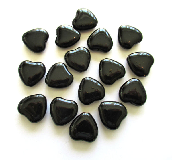 Lot of six large Czech glass heart beads - 16 x 15mm opaque black heart shaped beads C0004