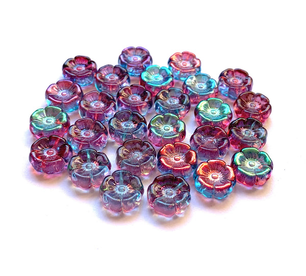 Ten 12mm Czech glass flower beads - pink and blue AB pressed glass flowers - C0111