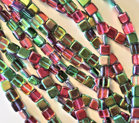Lot of 25 9mm one hole flat square Czech glass beads - Marea Pecock / Gold C70101 - Glorious Glass Beads