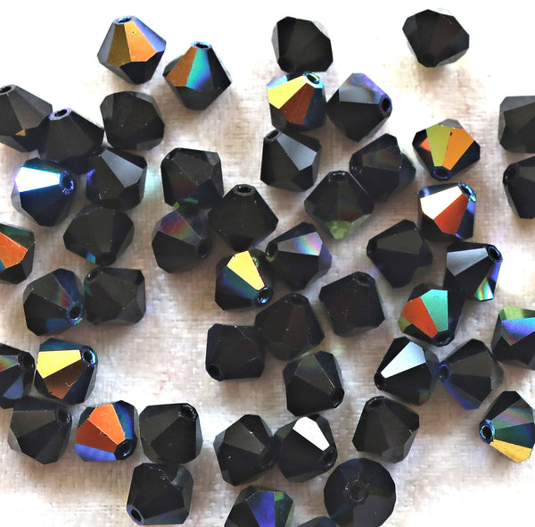 Lot of 24 6mm Czech opaque Jet Black AB glass faceted bicone beads, Preciosa Crystal black AB bicones 60101
