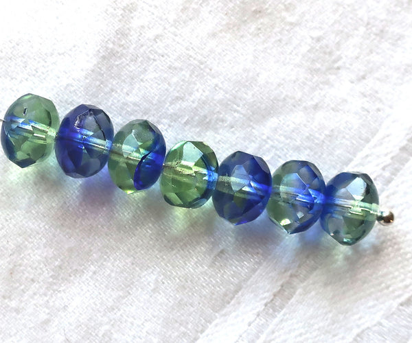 25 faceted Czech glass puffy rondelle beads, 8 x 6mm transparent mint green and sapphire blue mix, rondelles on sale 0901 - Glorious Glass Beads