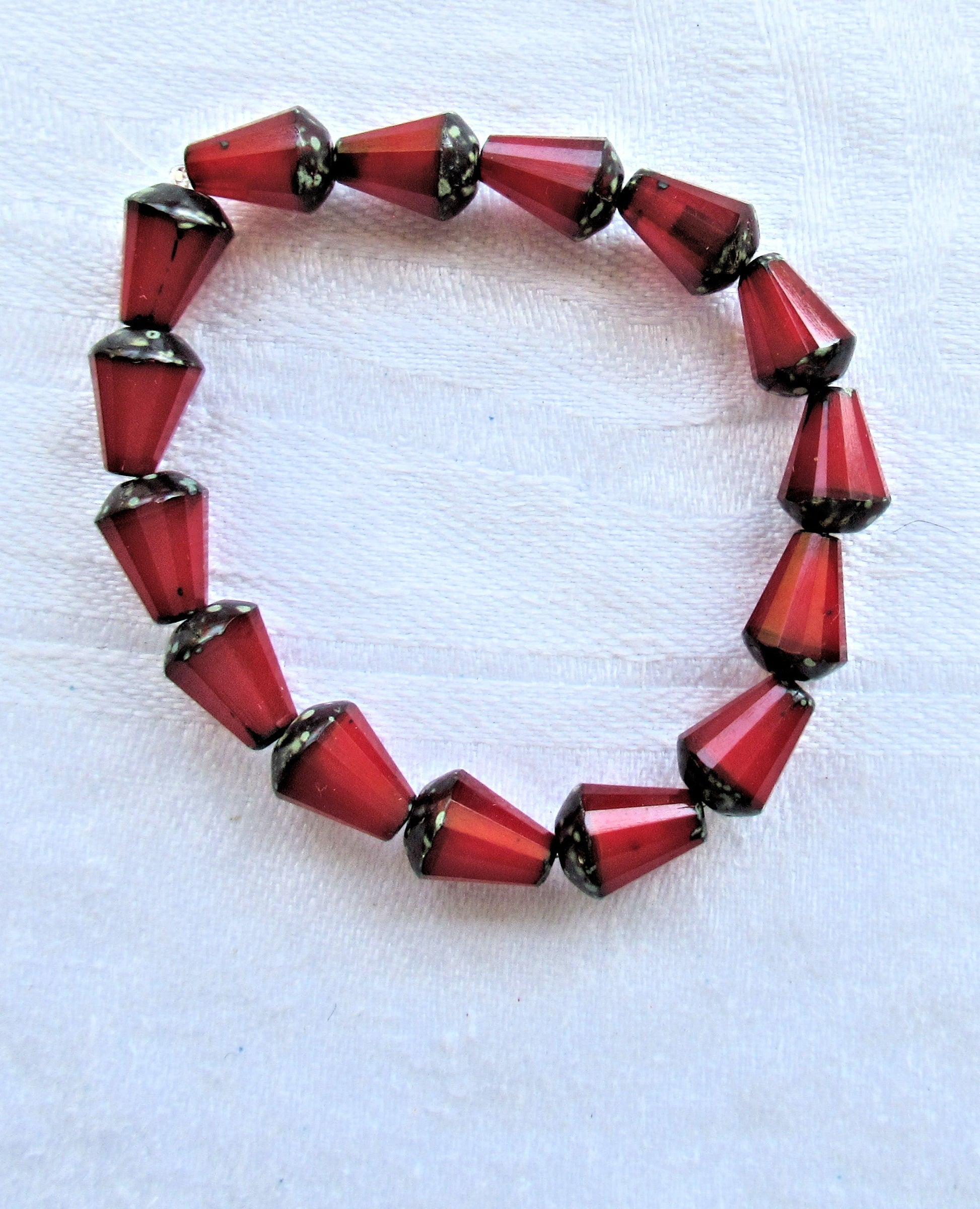 Lot of 15 8 x 6mm Czech glass teardrop beads - opaque red opal picasso - special cut, faceted, firepolished beads C07101 - Glorious Glass Beads