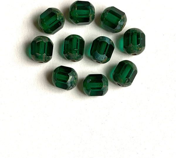 15 Czech glass faceted cathedral or barrel beads six sides - 8mm fire polished teal blue green beads with a picasso finish on the ends C0025