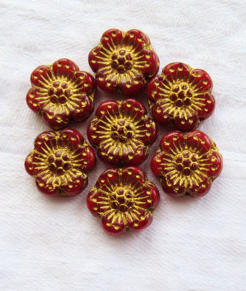 Twelve Czech glass wild rose flower beads - 14mm translucent red opaline floral beads with a gold wash C07105