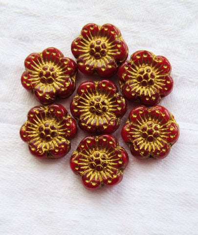 Twelve Czech glass wild rose flower beads - 14mm translucent red opaline floral beads with a gold wash C07105 - Glorious Glass Beads