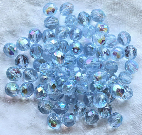 25 8mm Czech glass beads, Extra Light Blue Sapphire AB, firepolished faceted round beads C5625 - Glorious Glass Beads