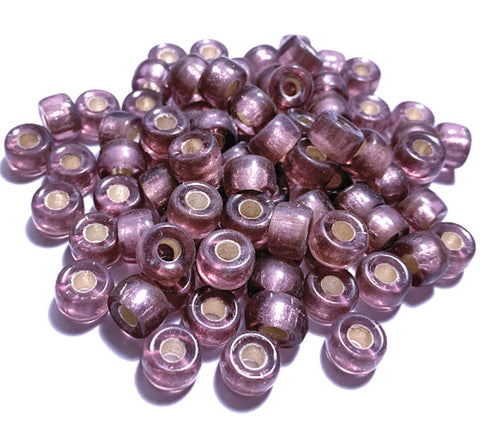 Twenty-five 9mm Czech glass pony, crow, roller beads - light purple amethyst silver lined large hole beads - C0078
