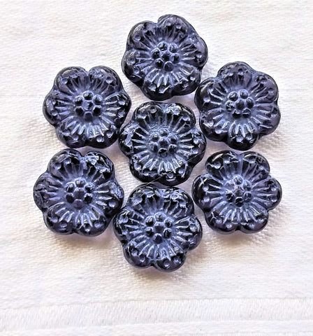 Twelve Czech glass wild rose flower beads - 14mm transparent tanzanite floral beads with a purple wash C04105 - Glorious Glass Beads
