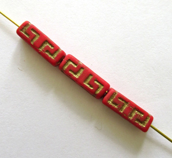 12 Czech glass beads - squared tube beads - Celtic block beads - opaque red with a gold wash - 15 x 5mm C0047