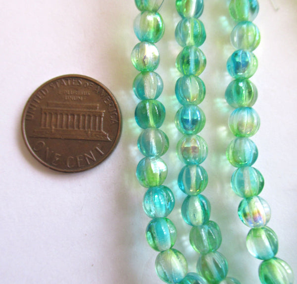 Lot of 25 6mm Czech glass melon beads - transparent blue green with an ab finish - pressed glass beads C0048