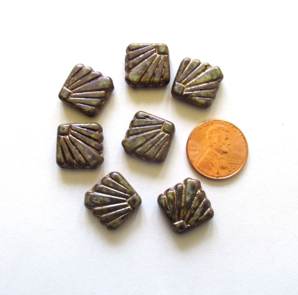 8 Czech glass square fan beads - 17 x 17mm - opaque purple beads with a splotchy rustic finish - C0089