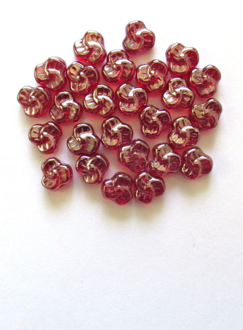 Lot of 25 9mm Czech red glass pansy beads - light garnet red shimmer flower beads C0009