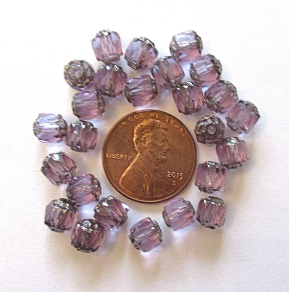 Lot of 25 Czech glass antique cut crown beads - alexandrite lavender with silver picasso accents - ,faceted, fire polished beads - C0039
