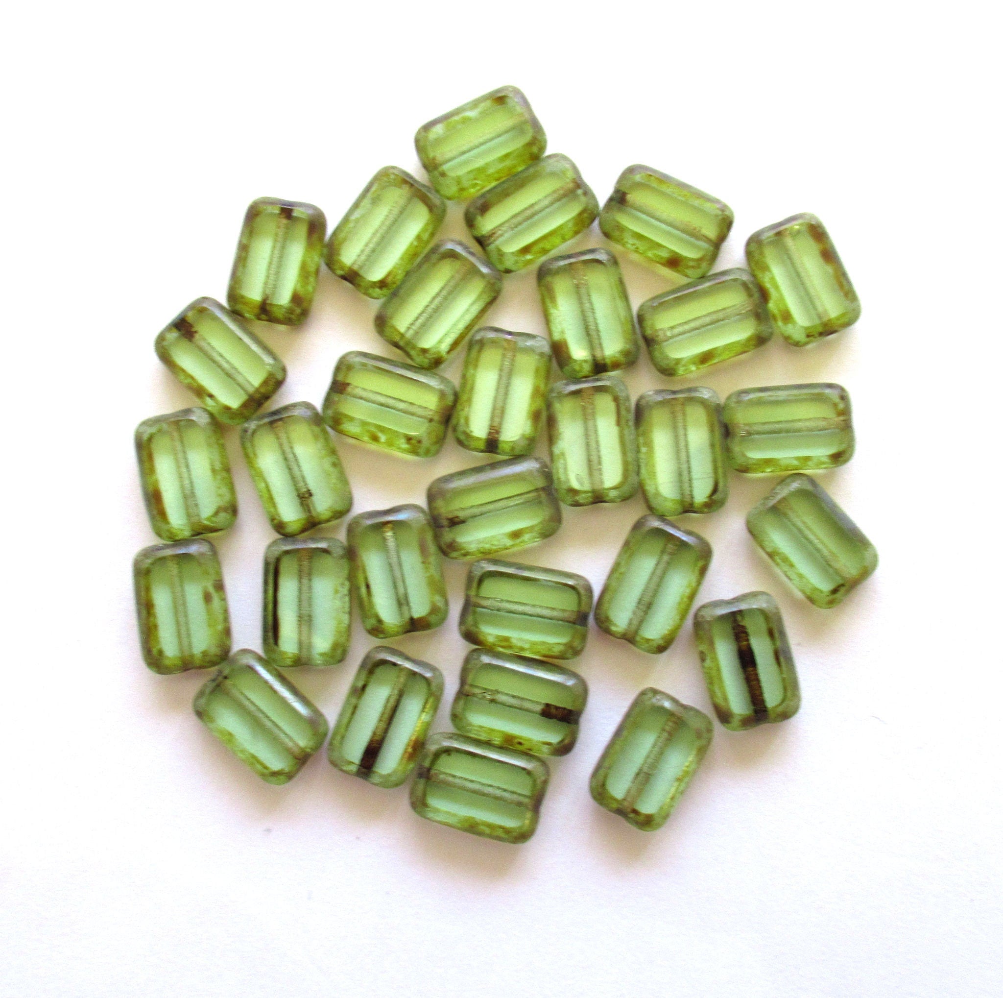 Lot of ten rectangular, table cut Czech glass beads - light peridot gr –  Glorious Glass Beads