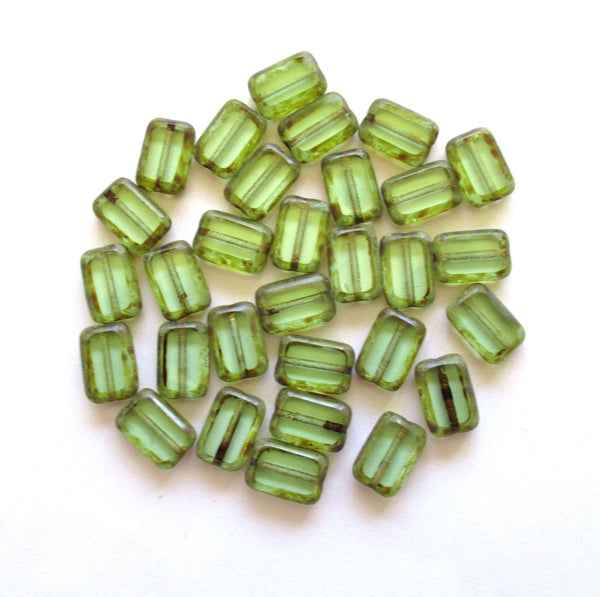 Lot of ten rectangular, table cut Czech glass beads - light peridot green picasso rectangle beads - 12mm x 8mm - C0068