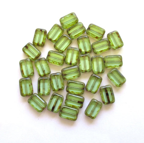 Lot of ten rectangular, table cut Czech glass beads - light peridot green picasso rectangle beads - 12mm x 8mm - C0068