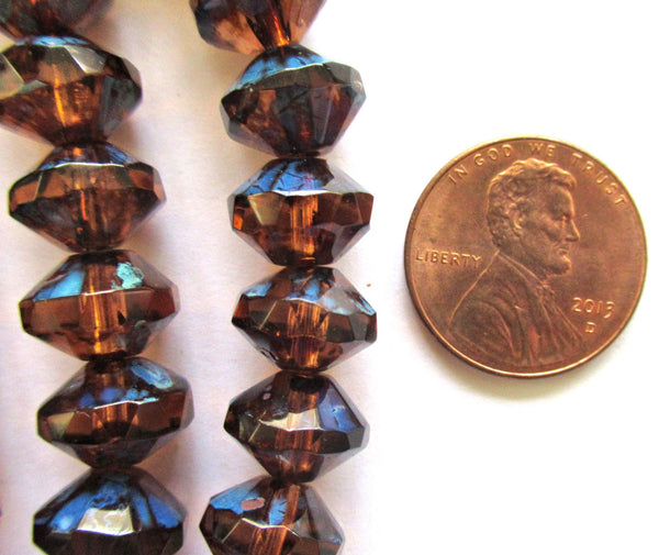 Lot of 25 Czech glass faceted rivoli saucer beads - 7 x 11mm brown / smoky topaz w/ picasso finish C00822