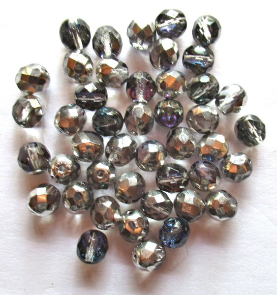 25 8mm Czech glass heliotrope beads - faceted fire polished round crystal, silver and lilac beads C0086
